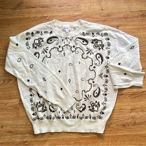 Minnie Rose Cotton Cashmere Bandana Crew Women Sweater Black Paisley Pattern S